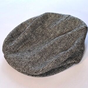 Mens Herringbone Flat Cap Hat Driving L/XL Wool Blend Vtg